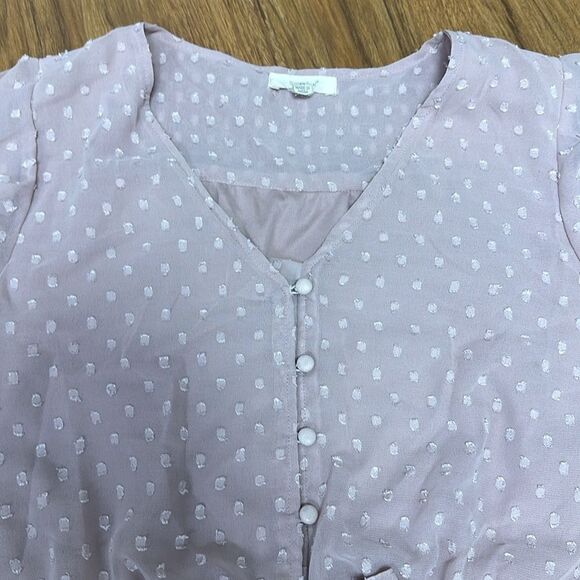 Sim & Sam Swiss Dot V Neck Ruffle Short Sleeve Blouse Sz M - Picture 2 of 9